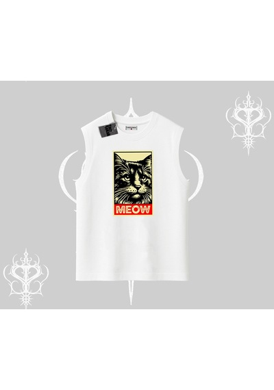 Startmore Startmore Meow Yazılı Kedi Portre Baskılı Kolsuz Tshirt Beyaz