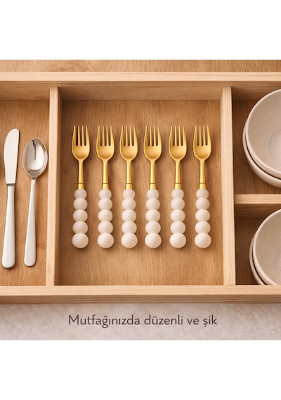6 Adet Gold İnci Detaylı Tatlı Çatalı Beyaz - Altın