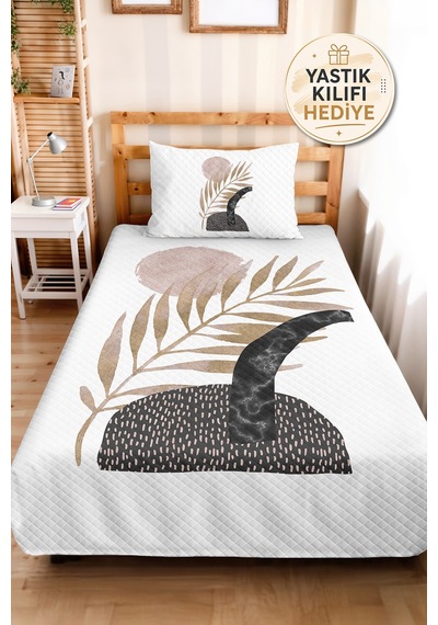 Botanik Bej Boho Tek Kişilik Pike Takımı - Modern Siyah Pudra 160x220 Cm Kapitone Yatak Örtüsü Esintili Günce Harmonu