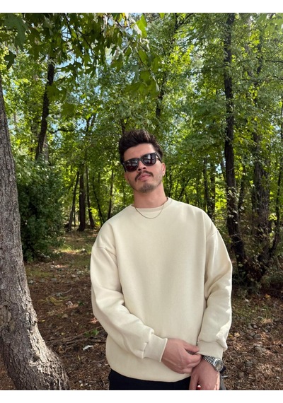 Erkek Oversize Bisiklet Yaka Basic Sweatshirt Ekru