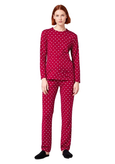 Ersefa Kadın Puantiye Ve Kalp Baskılı Örme Pijama Takımı Fonksiyonel Day bordo