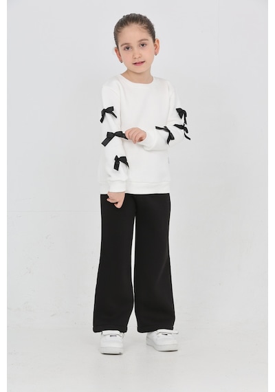 Erdem Kıds Kız Çocuk 3 İplik Şardonlu Kurdele Detaylı Basic Sweatshirt-bol Kesim Palazzo Eşofman Takım Ekru-siyah Ekru-siyah