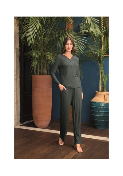Shafag Home Herşeytrend Uzun Kollu Önü Düğmeli V Yaka Pijama Takımı Yeşil