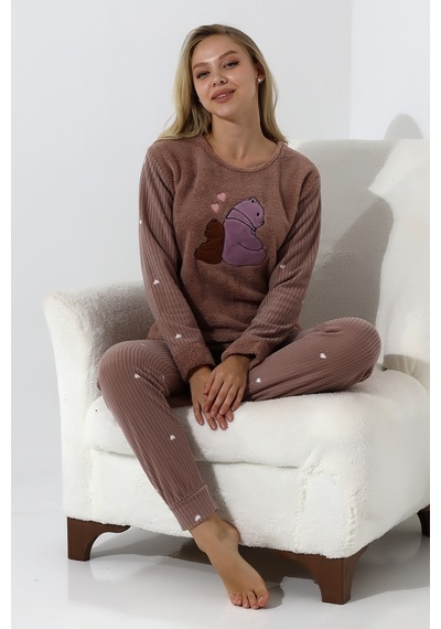Wordex Fawn 5015 Peluş Welsoft Polar Kışlık Ayıcıklı Yumoş Kadın Pijama Takımı Vizon