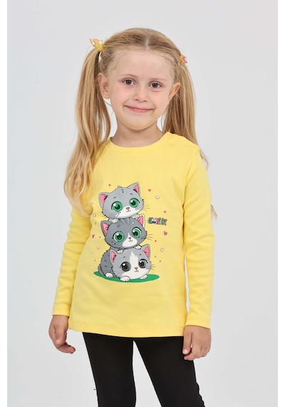 Toontoy Kız Çocuk Üçlü Kedi Baskılı Sweatshirt Koyu Sarı
