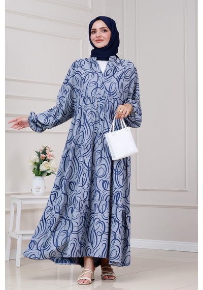 Sevitli Dalga Desen Robalı Elbise-lacivert-5283