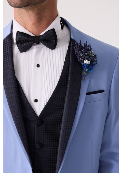 Ysf Erkek Mavi Slim Fit Yelekli Damatlık