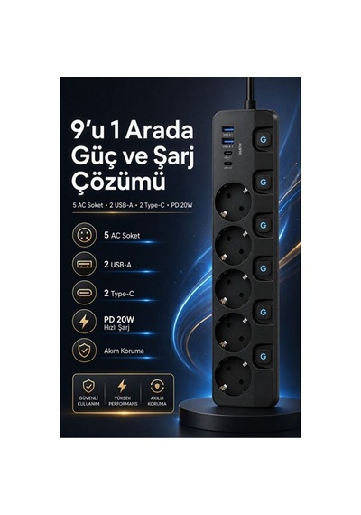 5'li Akım Korumalı Usb Çoklu Priz 2 Usb-a 2 Type-c Pd 20w Hızlı Şarj Anahtarlı Grup Priz 3680w 2 Metre 0 - 2 M
