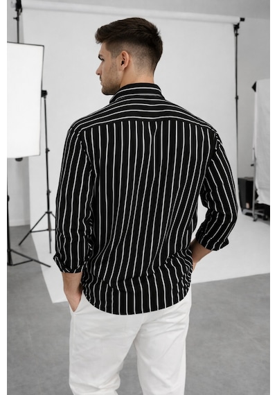 Erkek İki Çizgili Regular Relaxed Fit Uzun Kollu Gömlek Siyah