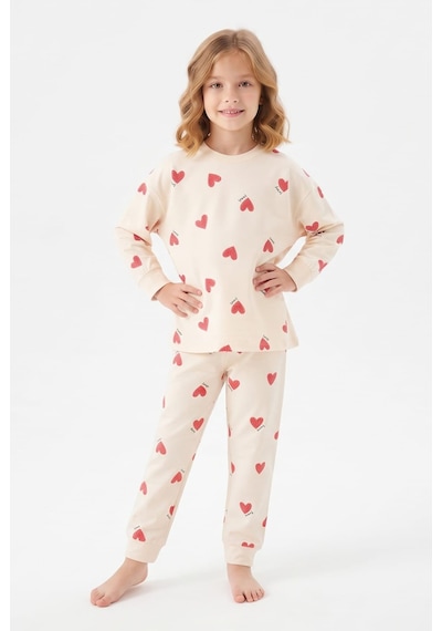 Bunny Hopp %100 Pamuk Süprem Kız Çocuk Pijama Takımı Krem Kırmızı Kalp Desenli Penye Uyku Seti Bunny Hopp %100 Pamuk Süprem Kız Çocuk Pijama Takımı Krem Kırmızı Kalp Desenli Penye Uyku Seti