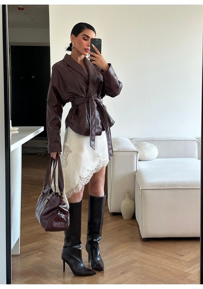 Meecy Kadın Zr Model Şal Yaka Bağlamalı Deri Ceket Bordo Bordo