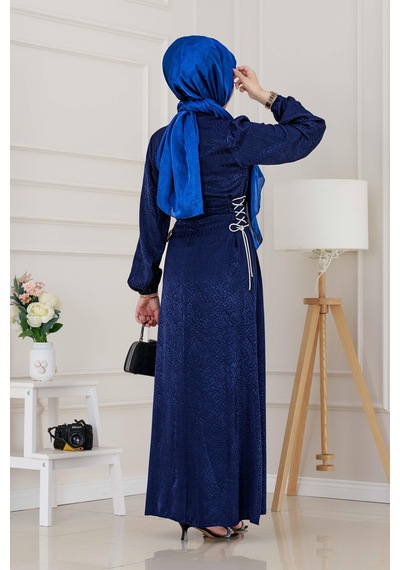 Buse Yanı Bağcıklı Saten Abiye-lacivert-4998