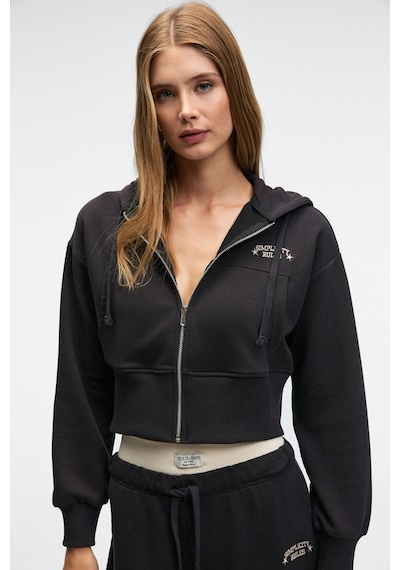 Grımelange Elara Kadın Metal Fermuarlı Nakışlı Kapüşonlu Crop Antrasit Sweatshirt Antrasit