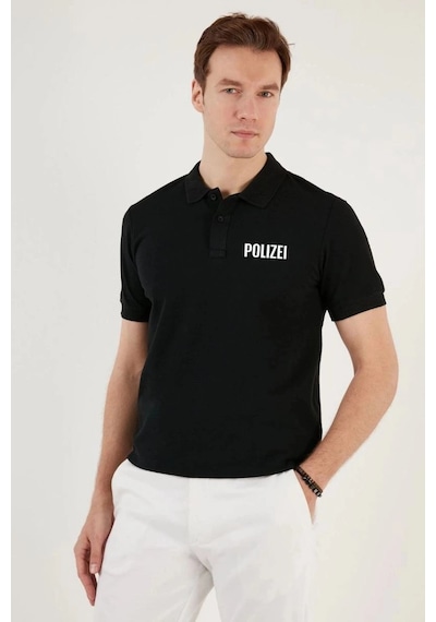 Freedom Storee Erkek Polo Yaka Tişört Düğmeli Pike Baskılı T-shirt - Siyah Çok Renkli