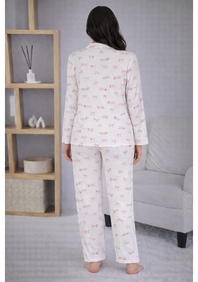 Pemilo Kadın 7117 Düğmeli Uzun Kol Pijama Takımı Beyaz