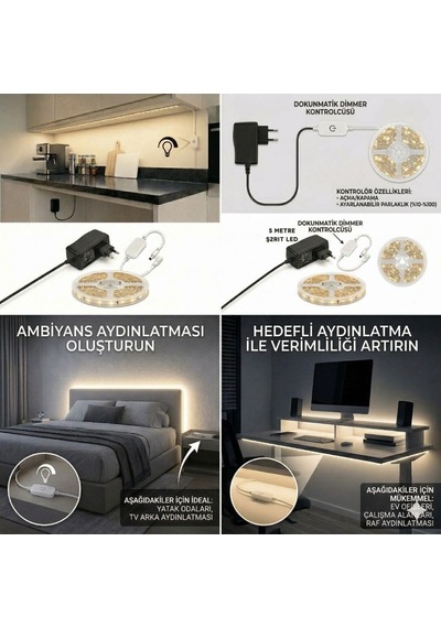 5 Metre Gün ışığı Şerit Led Işık Seti Dimmer Butonlu Ve Adaptörlü Mutfak Tezgahı, Raf Ve Tv Ünitesi Aydınlatma Gün Işığı