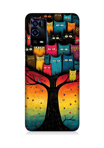 Oppo A55 Uyumlu Silikon Kılıf Ağaçtaki Kediler Ve Baykuş