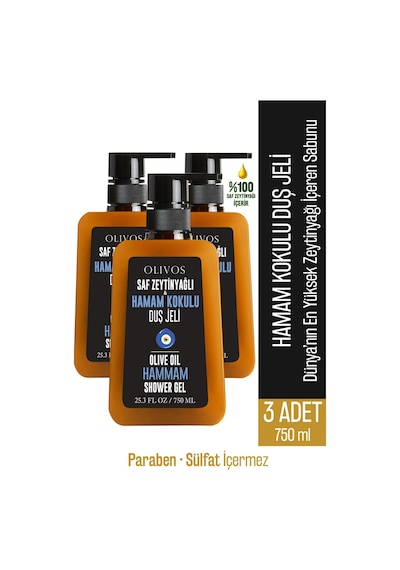 Olivos Doğal Zeytinyağlı Hamam Kokulu Banyo ve Duş Jeli 3 x 750 ML