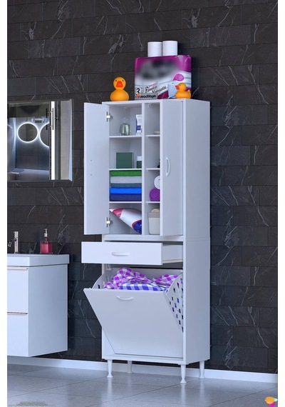Yeni Afra 60 Cm 1 Gözlü Kirli Çamaşır Sepet, 2 Kapak Ve Çekmeceli 8 Raflı Çok Amaçlı Banyo Dolabı Beyaz Yeni Afra 60 Cm 1 Gözlü Kirli Çamaşır Sepet, 2 Kapak Ve Çekmeceli 8 Raflı Çok Amaçlı Banyo Dolabı Beyaz