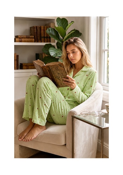 Fit Women Kadın Puantiyeli Uzun Kollu Düğmeli Yeşil Pijama Takımı