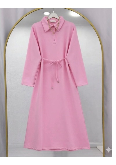 Lovie Moda Kadın Polo Yaka Bağcıklı Elbise - Pembe