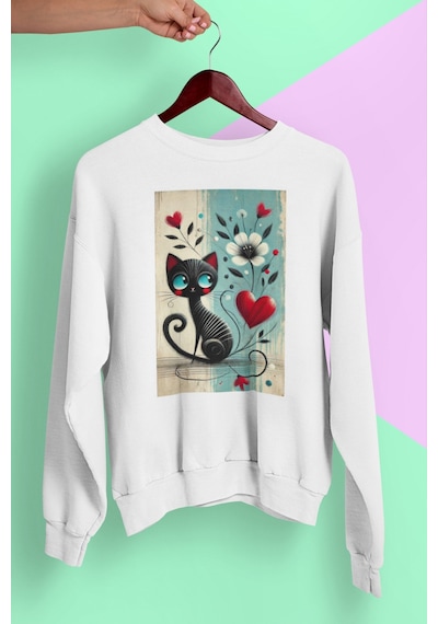 Magors Stıl-x Sevimli Kediler Baskılı Unısex Bisiklet Yaka Oversize Sweatshırt Beyaz-4
