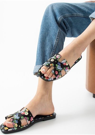 Dabab Shoes Florısa Kadın Çiçek Desenli H Bantlı Siyah Düz Taban Yazlık Terlik