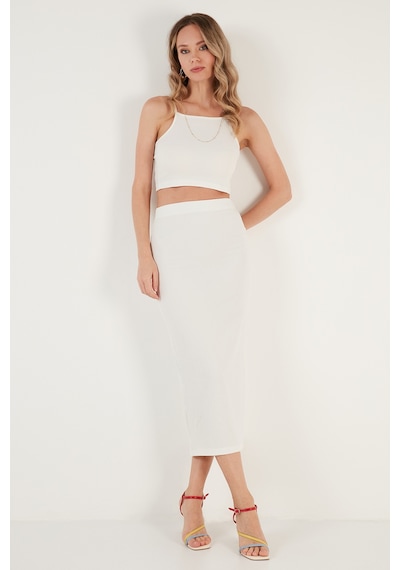 Lela Slim Fit Ip Askılı Yırtmaçlı Bayan Takım 5865278 Ekru