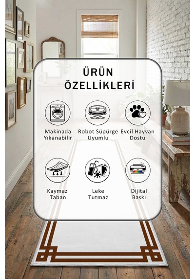 Klasik Beyaz Kahve Dijital Baskılı Kaymaz Yıkanabilir Yolluk