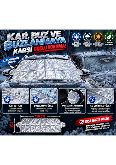 Mega Oto Market 4 Mevsim Oto Ön Cam Koruma Örtüsü 150x70 Cm Kar Buz Dolu Güneş Koruyucu Branda