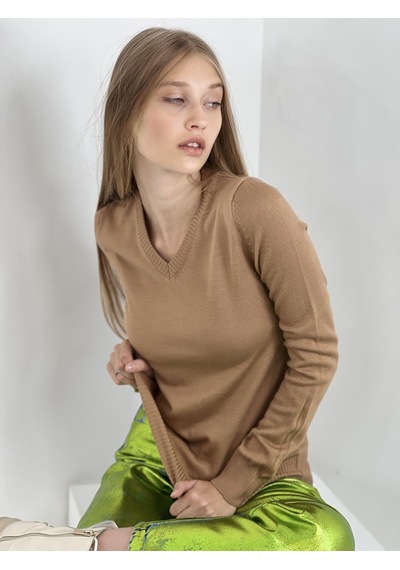 Miss Poem V Yaka Basic Kadın Camel Triko Kazak Camel