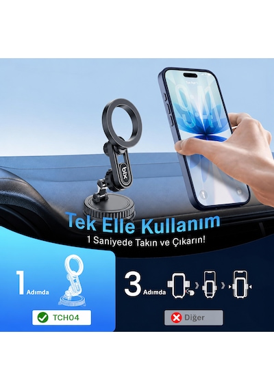 Bix Tch04 Güçlü Vakumlu 360 Derece Ayarlanabilir Cam Torpido Ön Panel Uyumlu Manyetik Araç Telefon Tutucu 1 Adet