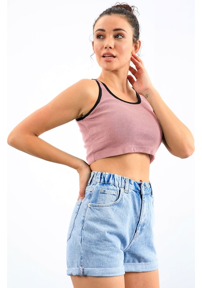 Tommy Life Pudra Basic Sıfır Kol Dar Kalıp U Yaka Kadın Crop Top Atlet - 97162 Pudra