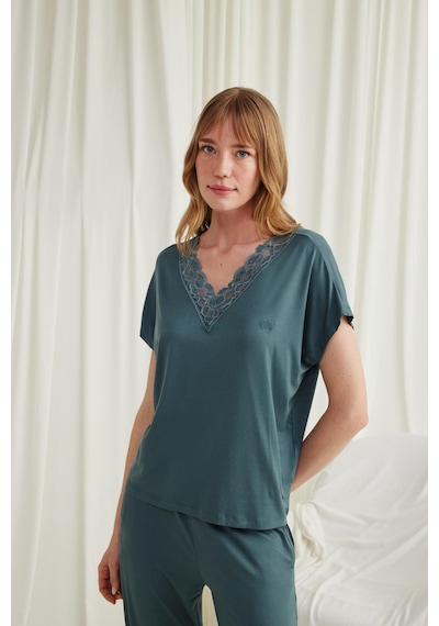 Monamise Kadın Kısa Kollu V Yakalı Dantelli Pijama Takımı 18541-yeşil Yeşil