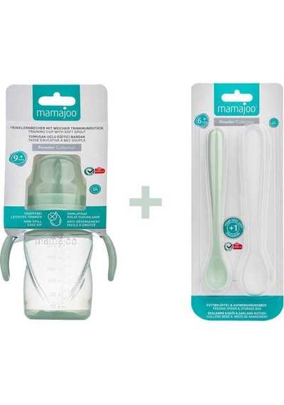 Mamajoo Kulplu Eğitici Bardak 270 ML & İkili Beslenme Kaşığı Açık Yeşil