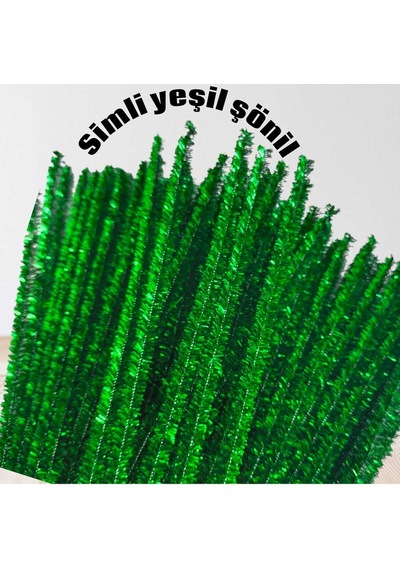 Yeşil Simli Renk Şönil Renk Kod B006 El İşi, Hobi Ve Çiçek Yapım Teli, , 1 Paket 100 Adet 30 Cm