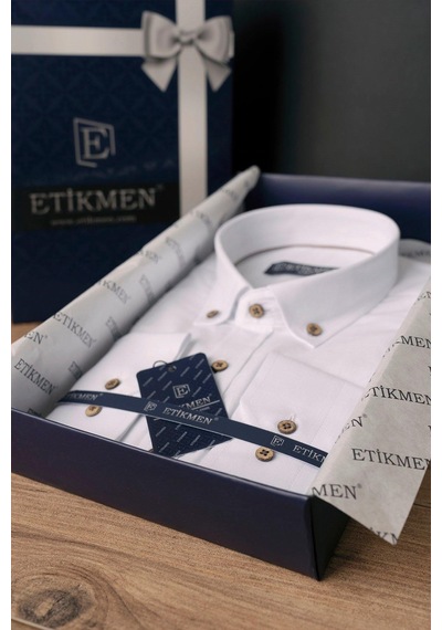 Beyaz Yaka Düğmeli Keten Slimfit Hediye Kutulu Erkek Gömlek Beyaz