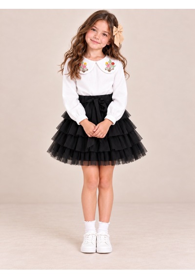 Kokoş Bebe Çiçek Yakalı Bluz Tüllü Etek Tokalı Kız Çocuk Takım - 5/12 Yaş - 31929 Siyah