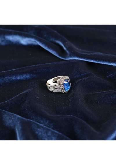 Safir Lacivert Ve Mikro Zirkon 925ayar Gümüş Erkek Yüzük