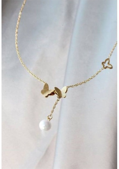 Kelebek Ve İnci Sarkıt Detaylı Kadın Kolye Gold Renk Paslanmaz Çelik, 55 Cm Zarif Ve Doğal Tasarım Çelik