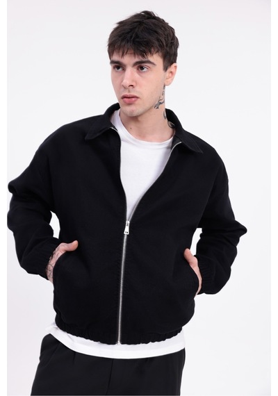 Mero Life Erkek Basic Old Money Fermuarlı Oversize Mevsimlik Polo Yaka Gabardin Kumaş Siyah Ceket