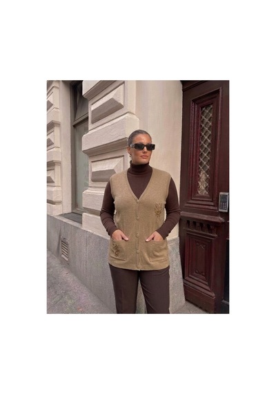 Onno Style Women Cebi Taşlı Çelik Örgü Klasik Triko Yelek Bej