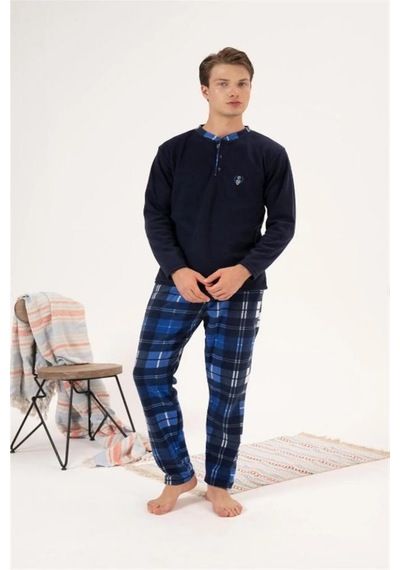 Estiva Altı Kareli Uzun Kol Polar Erkek Pijama Takım Lacivert