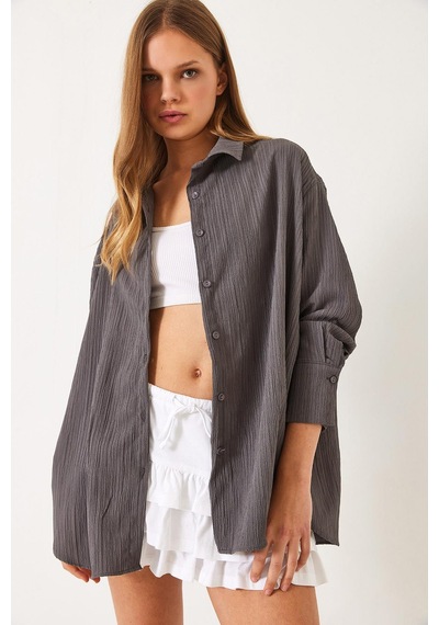 Shade Kadın Düşük Omuz Oversize Basic Bürümcük Gömlek 60392 60271069 - Füme