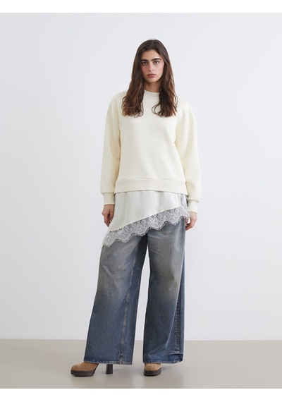 Lcw Vision Bej Dantel Detaylı Oversize Kadın Kalın Sweatshirt