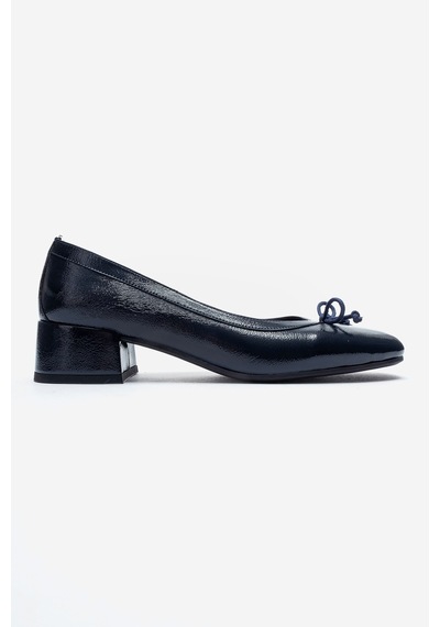 Luvi Shoes Gıpsy Lacivert Kırışık Rugan Fiyonklu Kadın Kısa Topuklu Ayakkabı