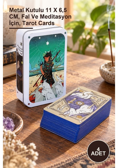 4 Adet Tarot Kartı Metal Kutulu 11 X 6,5 Cm, Fal Ve Meditasyon İçin, Tarot Cards