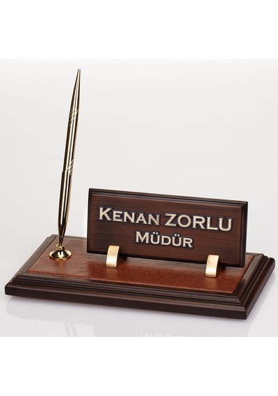 Deri Zeminli Ahşap Masa İsimliği Makam Ofis Masa İsimlik