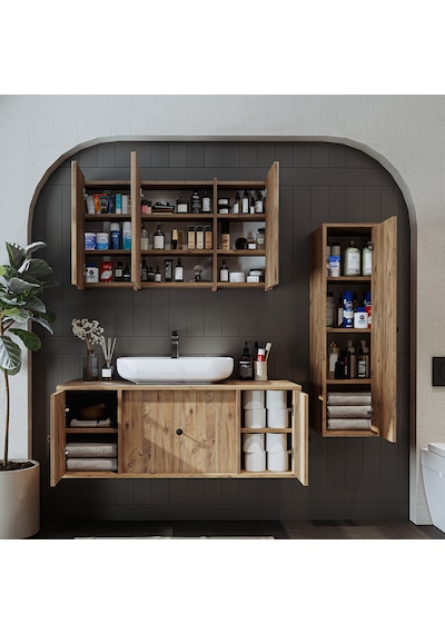 Oval Lavabolu Mat Mdf 120 Cm Çekmeceli Banyo Dolabı + Aynalı Üst Atlantik Çam Oval Lavabolu Mat Mdf 120 Cm Çekmeceli Banyo Dolabı + Aynalı Üst Atlantik Çam