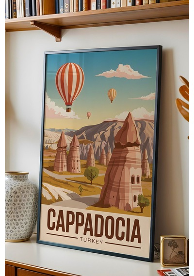 Kapadokya Tablo - Retro Travel Poster - Peri Bacaları Duvar Dekoru - Çerçeveli İllüstrasyon Siyah